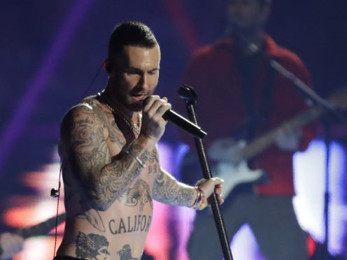 Adam Levine of Maroon 5 during their Super Bowl half-time performance (AP Photo/Jeff Roberson)