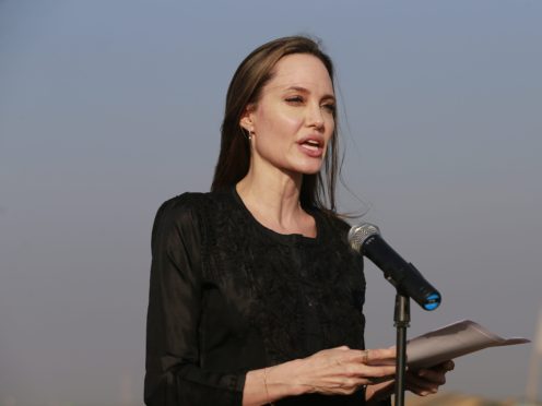 Hollywood actress Angelina Jolie addresses a press conference at Kutupalong refugee camp in Cox’s Bazar, Bangladesh (AP)
