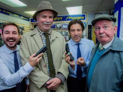 Martin Compston with Greg Hemphill (Victor), Gianni Capaldi (phone salesman) and Ford Kiernan (Jack) (Alan Peebles/BBC/PA)