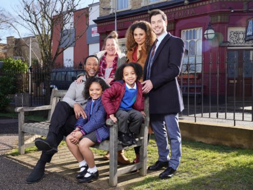 The Atkins family, pictured with Karen Taylor and Mitch Baker, will arrive in Albert Square later this month (EastEnders/BBC/PA)