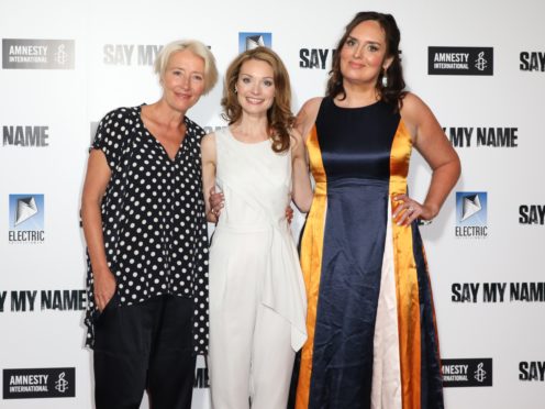 Emma Thompson with lead Lisa Brenner and writer Deborah Frances-White (Isobel Infantes/PA)