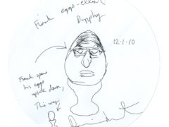 A portrait of ‘Frank Eggs-ellent Dunphy’, one of 73 placemats with sketches by Damien Hirst (British Museum/PA