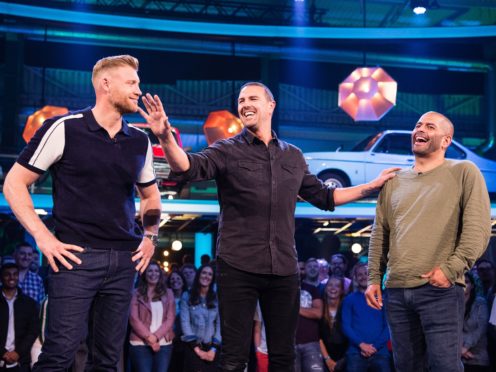 Freddie Flintoff and Paddy McGuinness join Chris Harris (BBC/PA)