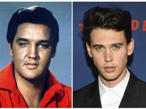 This combination photo shows singer-actor Elvis Presley in a 1964 photo, left, and actor Austin Butler who will play him in a movie (AP)