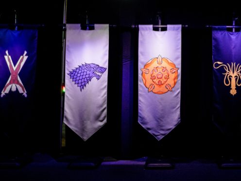 Banners carrying the sigils of House Bolton, House Stark, House Tyrell, House Greyjoy, House Martell, and House Arryn. (Liam McBurney/PA)