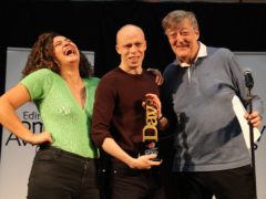 Stephen Fry with Jordan Brookes, winner of Best Comedy Show at the 2019 Dave’s Edinburgh Comedy Awards and Rose Matafeo, last year’s winner (Andrew Milligan/PA)