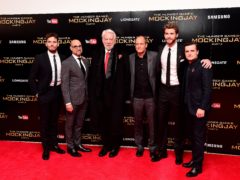 The Hunger Game stars Sam Claflin, Stanley Tucci, Donald Sutherland, Woody Harrelson, Liam Hemsworth and Josh Hutcherson at the premiere of Mockingjay, Part 2 (Ian West/PA)
