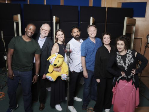 Adrian Lester, Jim Broadbent, Suranne Jones, Himesh Patel, Shaun Dooley, Olivia Colman and Helena Bonham Carter during the recording at Abbey Road Studios, London, for BBC Children in Need: Got It Covered (Ray Burmiston/BBC)