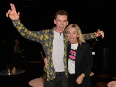 Finalist Woody Cook with his mother, Zoe Ball, following the live final of the second series of Channel 4’s The Circle, in Salford, Manchester. (Peter Powell/PA)