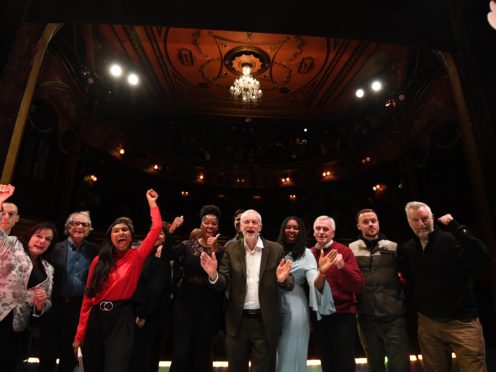 Labour Party leader Jeremy Corbyn (centre) on stage with colleagues and performers after announcing his party’s ‘arts for all’ policy (Kirsty O’Connor/PA)