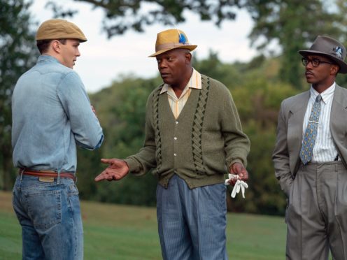 Nicholas Hoult, Samuel L. Jackson and Anthony Mackie in a scene from The Banker (Apple TV Plus via AP)