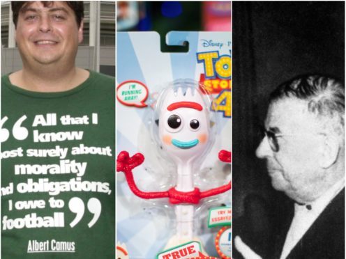A quote from existentialist Albert Camus. a Forky toy and Jean-Paul Sartre (Rui Vieira/ Aaron Chown/PA)
