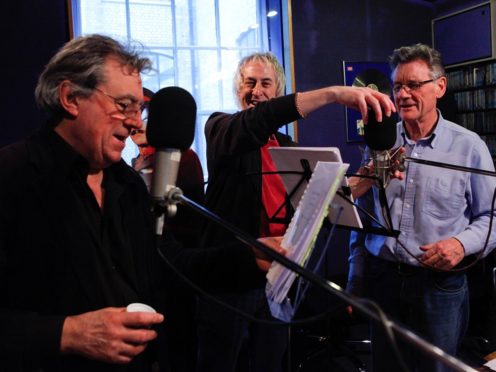 Andre Jacquemin, Monty Python’s long-standing sound engineer, with Terry Jones and Michael Palin at the Redwood Recording Studios (Andre Jacquemin/PA)