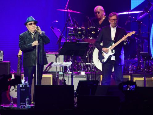 Van Morrison and Eric Clapton on stage during the Music For The Marsden concert (Ian West/PA)