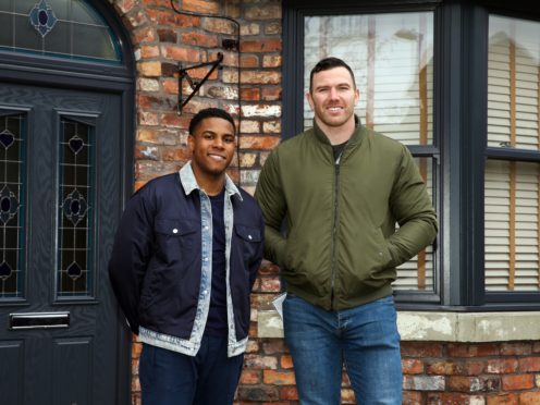 Rugby star Keegan Hirst meets Coronation Street actor Nathan Graham amid football homophobia storyline (Danielle Baguley/ITV/PA)