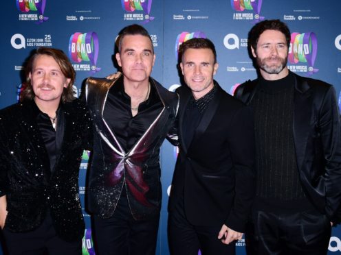 Mark Owen, Robbie Williams, Gary Barlow and Howard Donald of Take That (Ian West/PA)