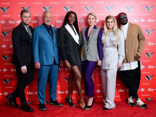 Olly Murs, Tom Jones, AJ Odudu, Emma Willis, Meghan Trainor and will.i.am (Ian West/PA)