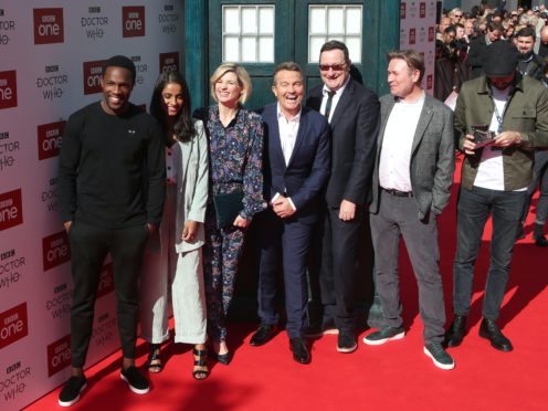 Tosin Cole, left, Mandip Gill, Jodie Whittaker, Bradley Walsh, Chris Chibnall and Matt Strevens (Danny Lawson/PA)