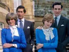 (L) Diana and Charles after announcing their engagement in 1981 and (R) Emma Corrin and Josh O’Connor recreate the moment (Netflix/PA)