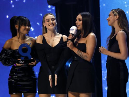 Jesy Nelson, Leigh-Anne Pinnock, Jade Thirlwall and Perrie Edwards of Little Mix collect their award on stage during The Global Awards 2019 with Very.co.uk held at London’s Eventim Apollo Hammersmith.