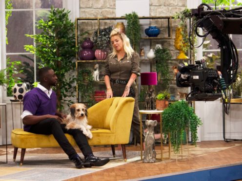 Vet Bolu Eso, presenter Sheridan Smith and dog Stanley on Pooch Perfect (Becky Robinson/Beyond Productions)