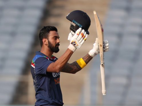 India’s KL Rahul celebrates scoring a century during the second ODI against England in Pune (Rafiq Maqbool, AP/Press Association images)