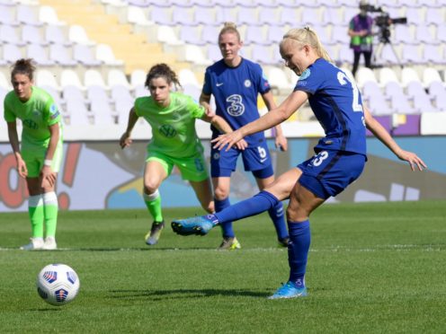Pernille Harder scores a penalty in Budapest (Szilard Koszticsak/AP)