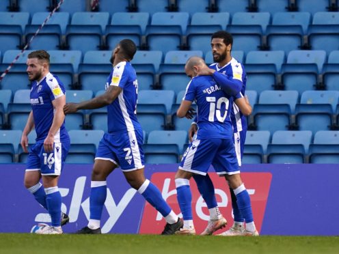 Gillingham’s Vadaine Oliver celebrates scoring the winner against Wigan (John Walton/PA)