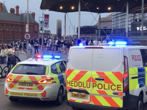 Crowds of young people gathered outside the Senedd building in Cardiff Bay on Tuesday evening on what was the hottest day of the year (Adam Hale/PA)