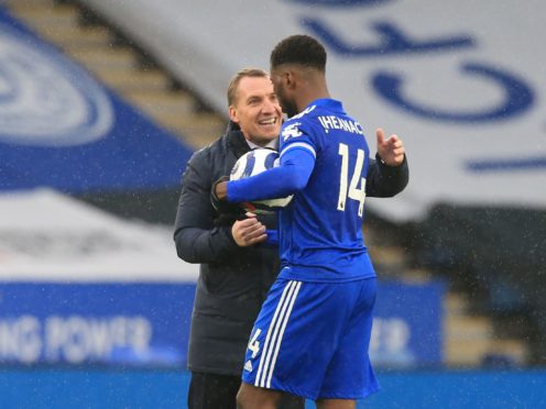 Brendan Rodgers congratulates Kelechi Iheanacho (Lindsey Parnaby/PA)