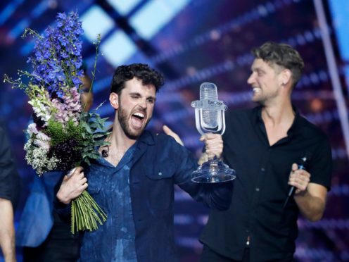 Duncan Laurence of the Netherlands celebrates after winning the 2019 Eurovision Song Contest grand final in Tel Aviv, Israel (Sebastian Scheiner/AP)