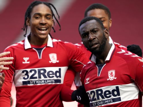 Yannick Bolasie (right) celebrates scoring Middlesbrough’s equaliser in a 1-1 draw with Watford with teammate Djed Spence (Owen Humphreys/PA Wire).
