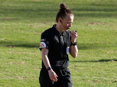 Rebecca Welch blows the whistle for full time (Nigel French/PA)