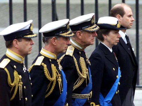The Duke of York, Prince of Wales, Duke of Edinburgh, Princess Royal, and Earl of Wessex at the Queen Mother’s funeral (PA)