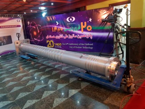 An IR-9 centrifuge is displayed in a ceremony to commemorate Iran’s nuclear achievements (Atomic Energy Organization of Iran via AP)