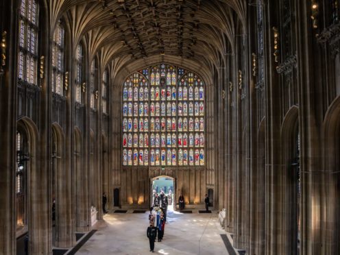 Pallbearers carrying the coffin of the Duke of Edinburgh, followed by members of the royal family entering St George’s Chapel, Windsor Castle, Berkshire (Danny Lawson/PA)