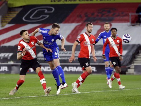 Jonny Evans’ (second left) 68th-minute header earned third-placed Leicester a point (Kirsty Wigglesworth/PA)