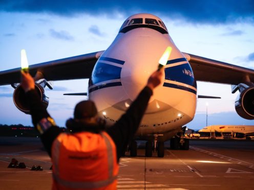 The world’s largest cargo plane has left Belfast flying three 18-tonne oxygen generators and 1,000 ventilators as part of the UK’s response to India’s Covid-19 crisis (Kelvin Boyes/Press Eye/PA)