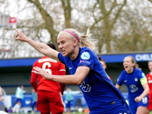 Pernille Harder celebrates Chelsea’s crucial third goal (John Walton/PA)