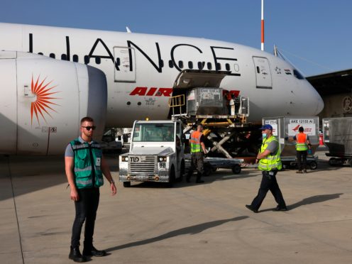 Medicines are loaded onto an Air India plane as it prepares to leave Tel Aviv (AP)