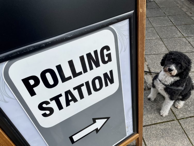 Henry the six-year-old labradoodle outside a polling station near the SS Great Britain on Brunel Square in Bristol (Claire Hayhurst/PA)