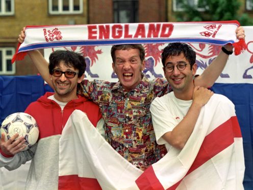 Ian Broudie, of the Lightning Seeds, (left to right), comedians Frank Skinner and David Baddiel (PA)