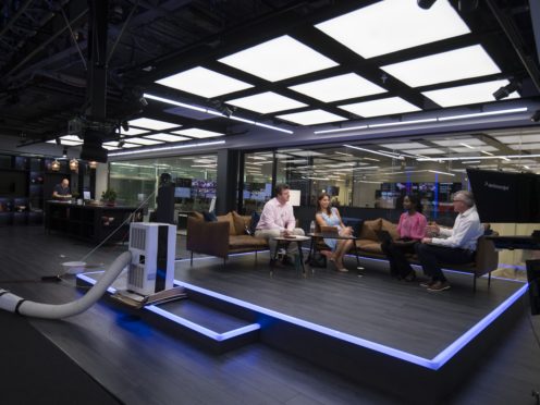 Presenters in the GB News studio in Paddington, west London (Kirsty O’Connor/PA)