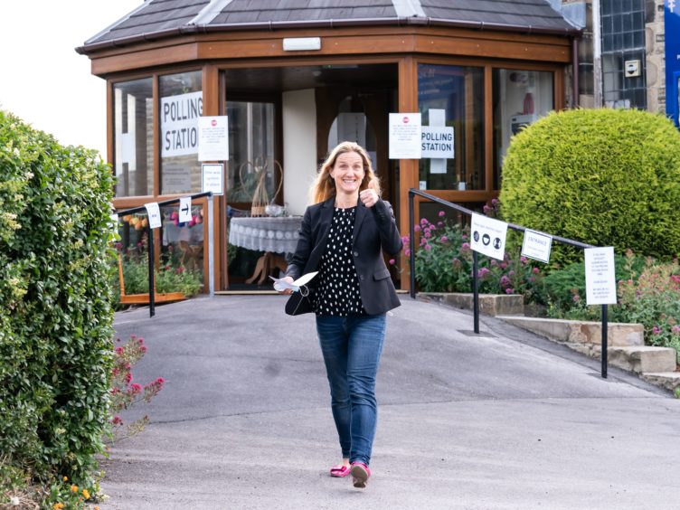 Labour candidate Kim Leadbeater leaves Norristhorpe United Reformed Church polling station after casting her vote in the West Yorkshire constituency by-election at Batley and Spen (Danny Lawson/PA)