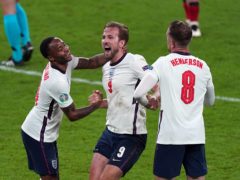 Raheem Sterling, Harry Kane and Jordan Henderson after England’s victory over Denmark (Mike Egerton/PA)