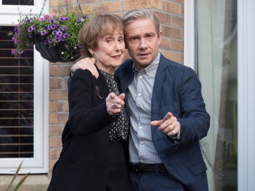 Martin Freeman and Una Stubbs on the set of Sherlock (Hartswood Films/PA)