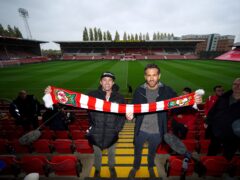 Wrexham co-chairmen Rob McElhenney (left) and Ryan Reynolds (right) during a press conference at the Racecourse Ground (Peter Byrne/PA)