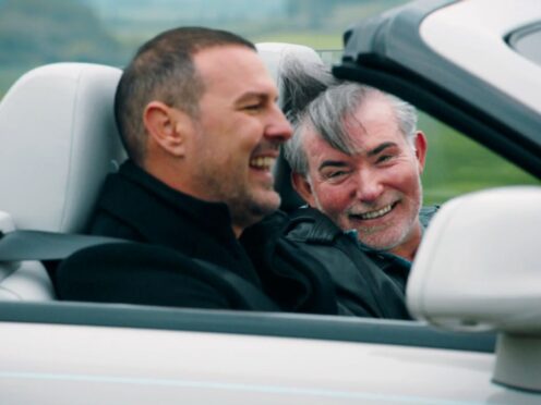 Paddy McGuinness and the Top Gear team celebrate stunt rider Eddie Kidd (BBC/PA)