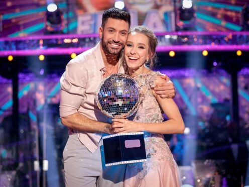 Giovanni Pernice and Rose Ayling-Ellis with the Glitterball trophy (Guy Levy/BBC/PA)