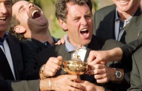 Bernard celebrates Team Europe's win in the 1995 Ryder Cup with team mate Sam Torrance